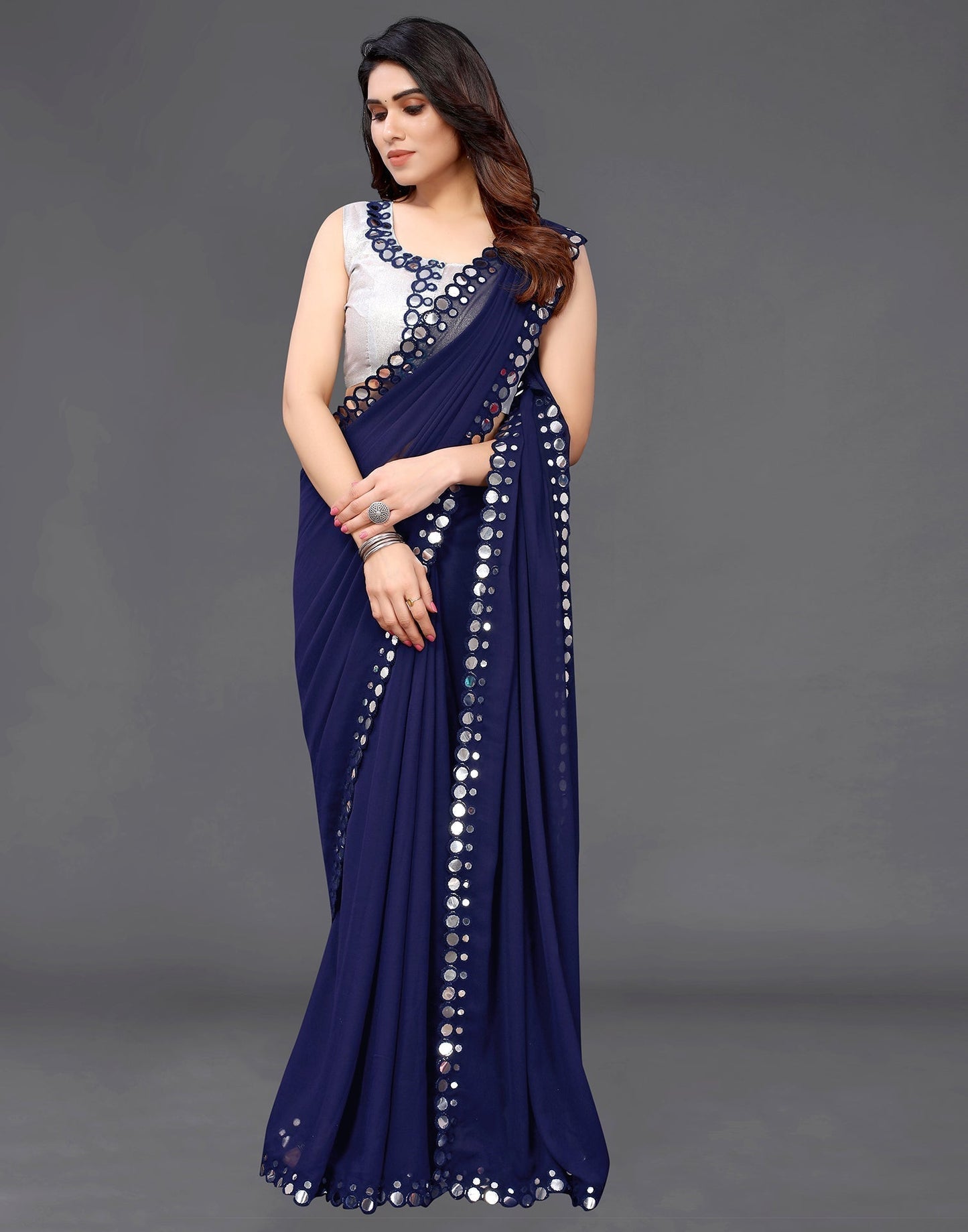Royal Blue Georgette Mirror Work Saree | Sudathi