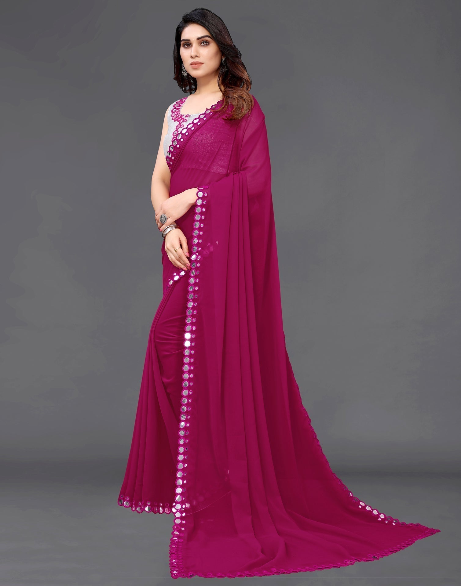 Dark Pink Georgette Mirror Work Saree | Sudathi