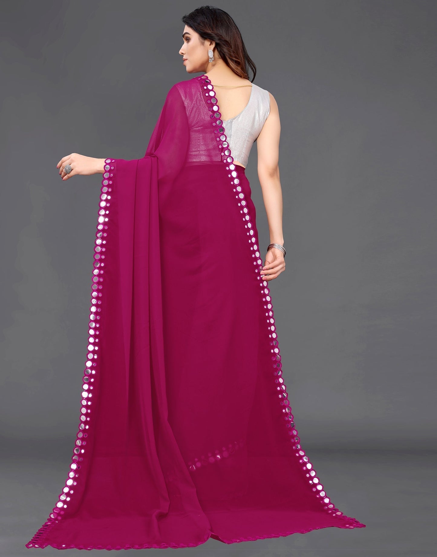 Dark Pink Georgette Mirror Work Saree | Sudathi