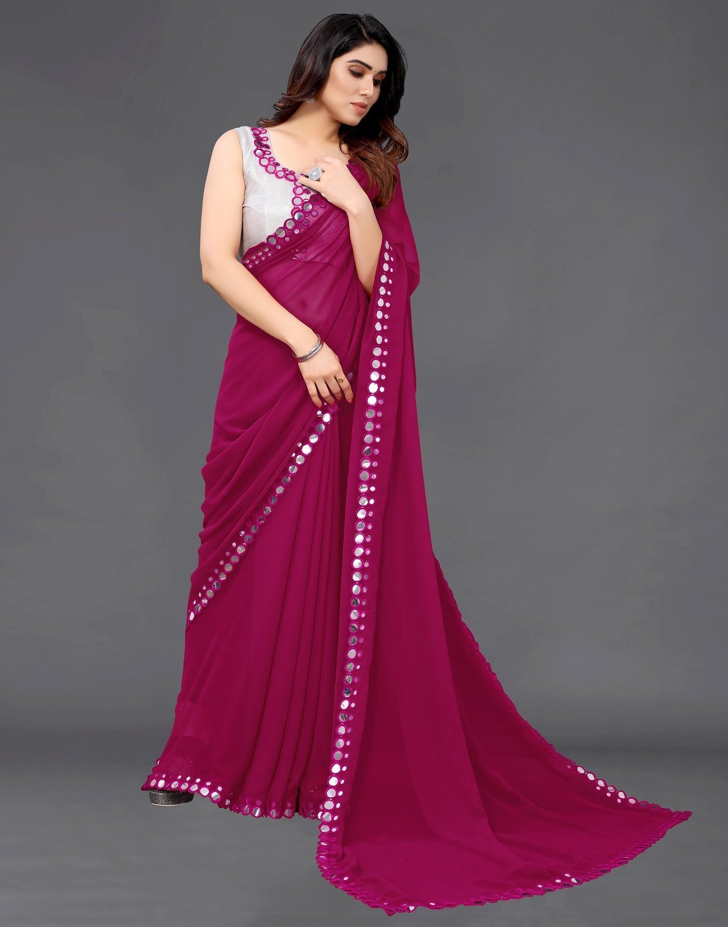 Dark Pink Georgette Mirror Work Saree | Sudathi