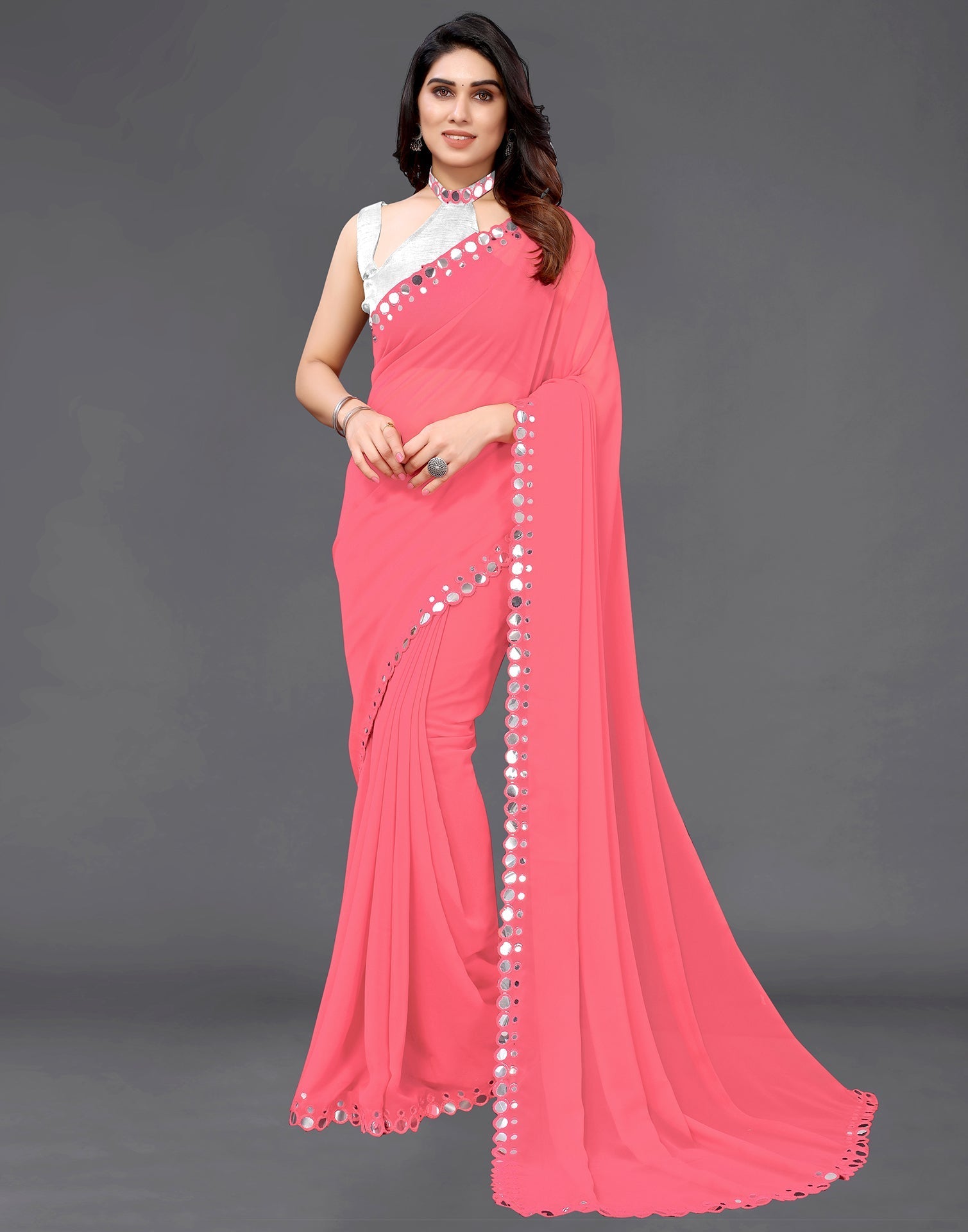 Coral Pink Georgette Mirror Work Saree | Sudathi