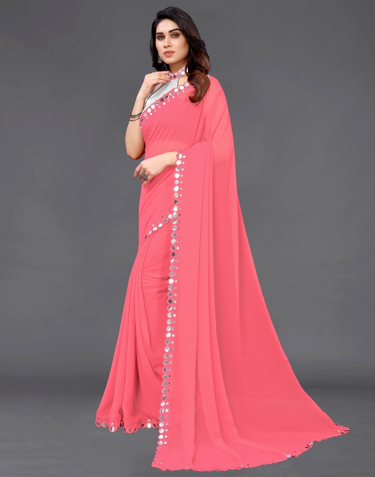 Coral Pink Georgette Mirror Work Saree | Sudathi