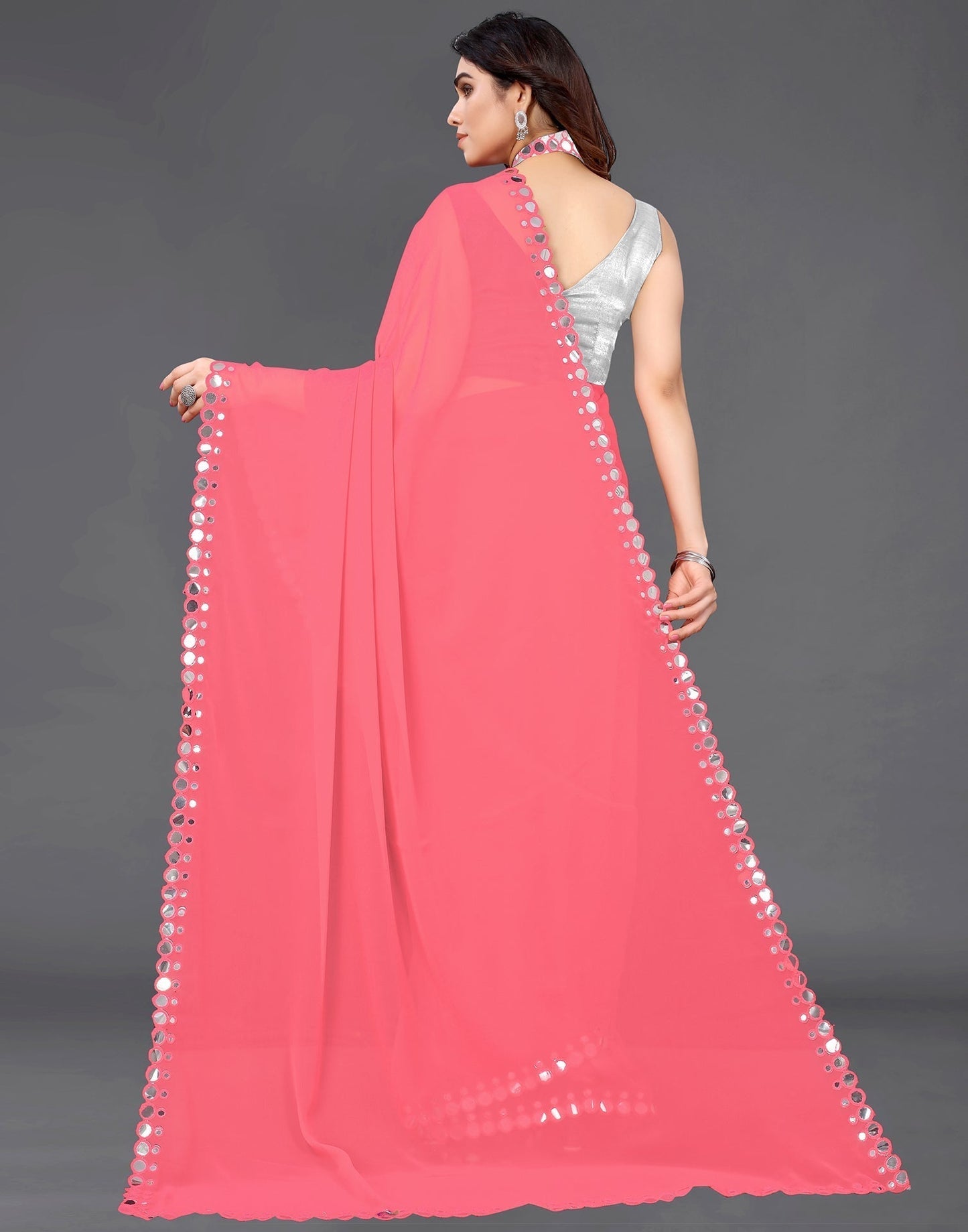 Coral Pink Georgette Mirror Work Saree | Sudathi