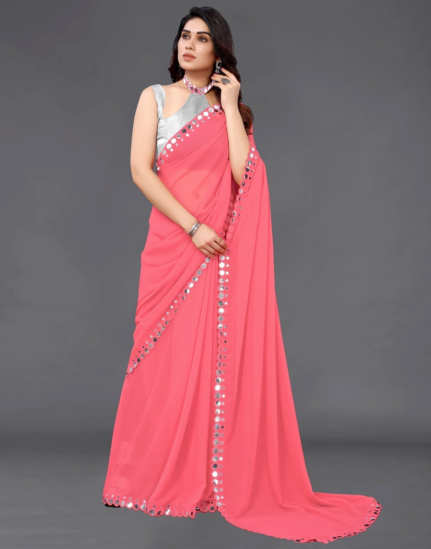 Coral Pink Georgette Mirror Work Saree | Sudathi