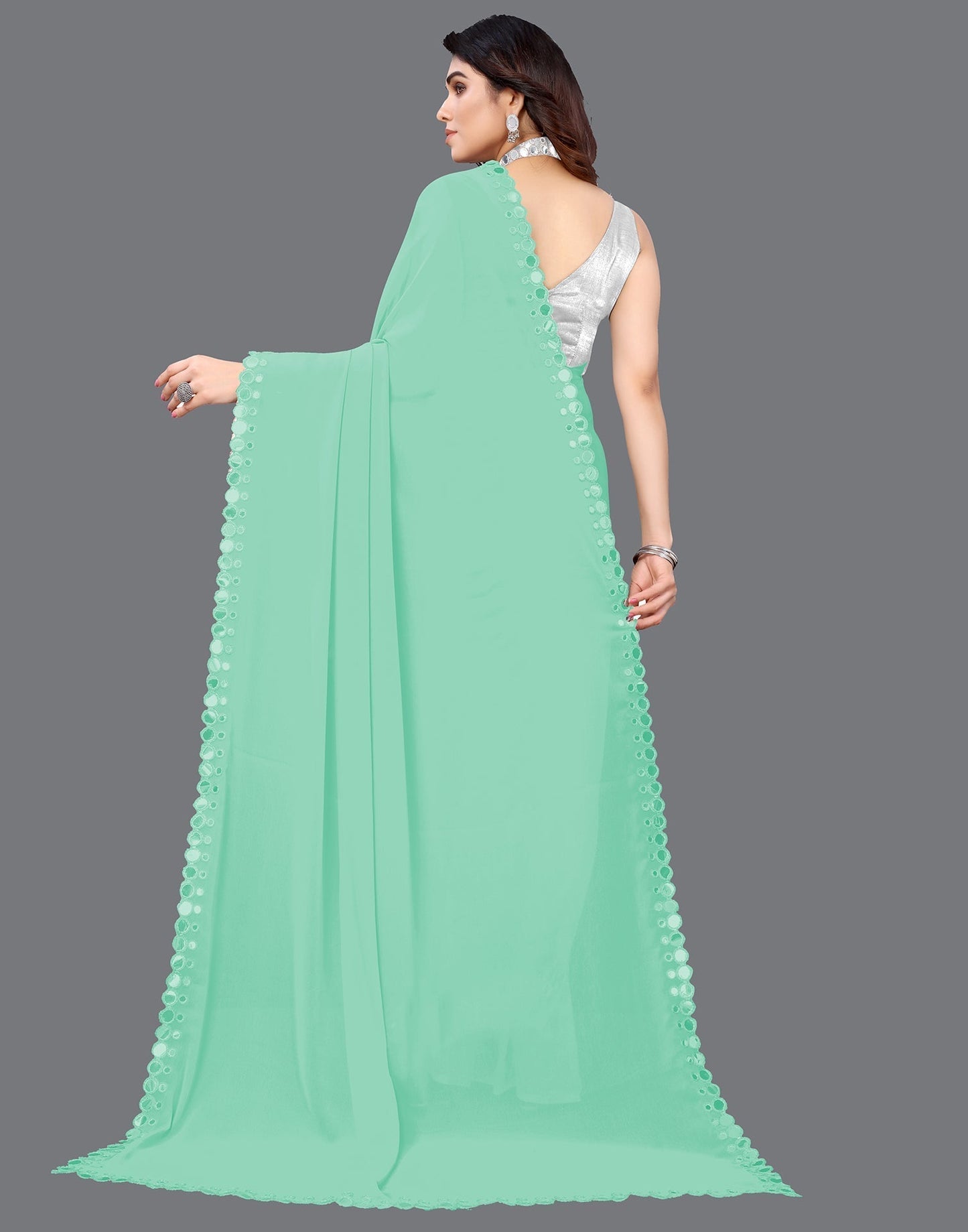 Light Green Georgette Mirror Work Saree | Sudathi