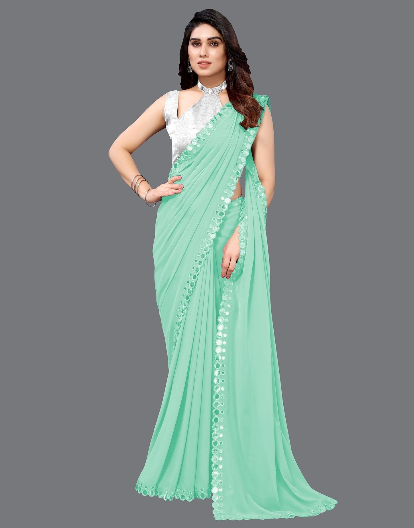Light Green Georgette Mirror Work Saree | Sudathi