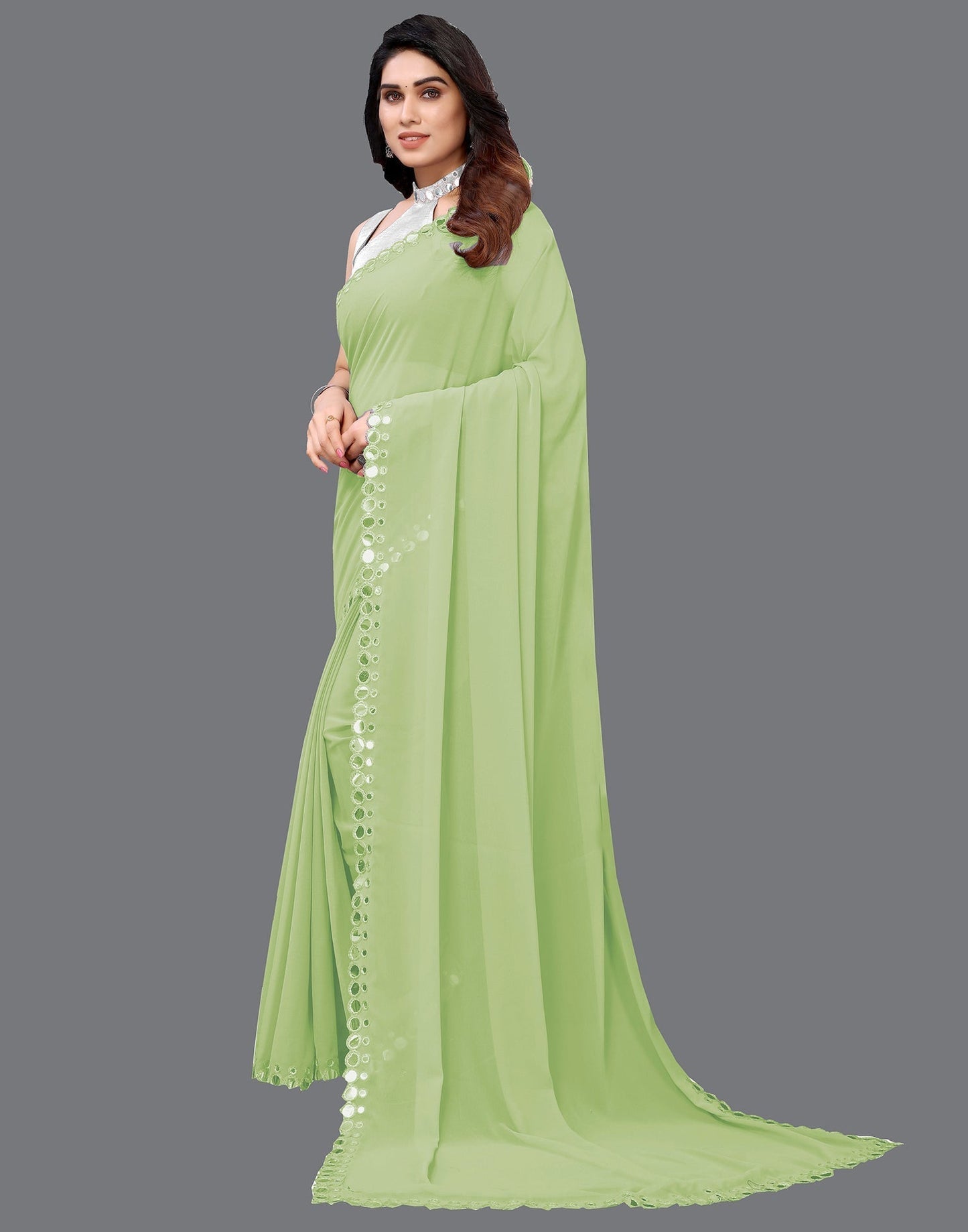 Pista Green Georgette Mirror Work Saree | Sudathi