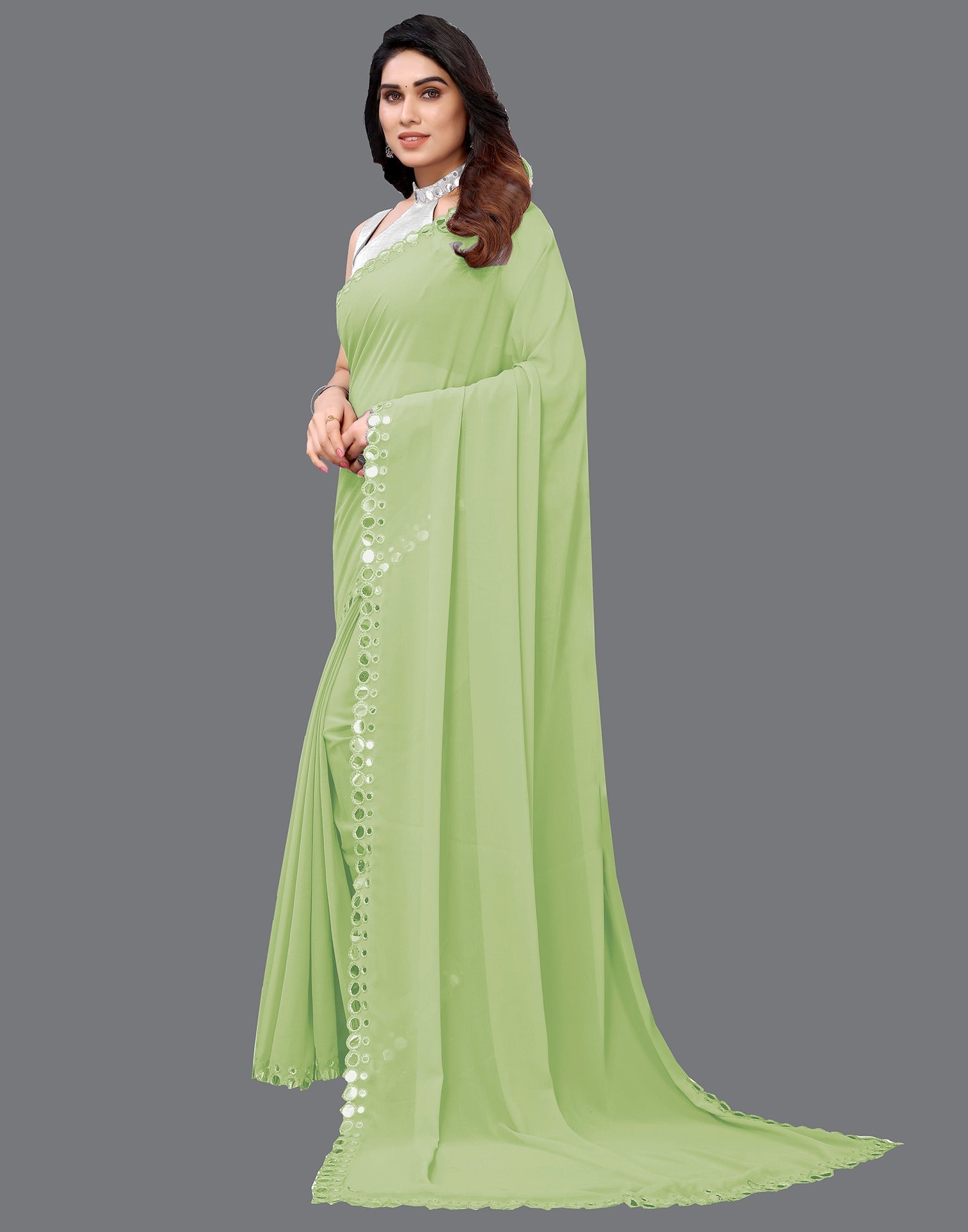 Pista Green Georgette Mirror Work Saree | Sudathi