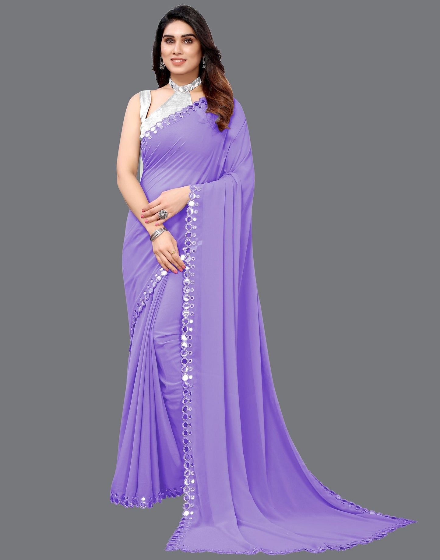 Lavender Georgette Mirror Work Saree | Sudathi