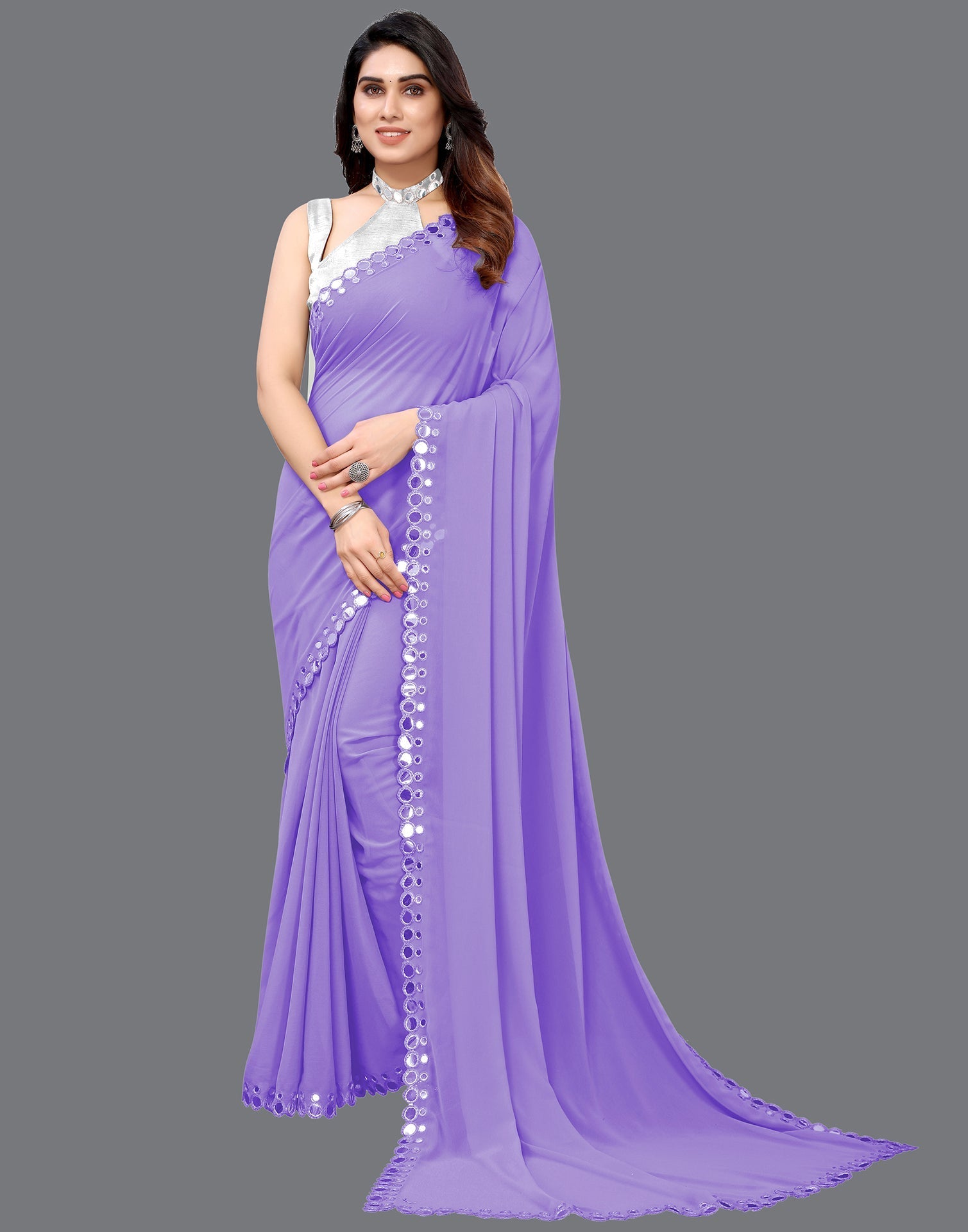 Lavender Georgette Mirror Work Saree | Sudathi