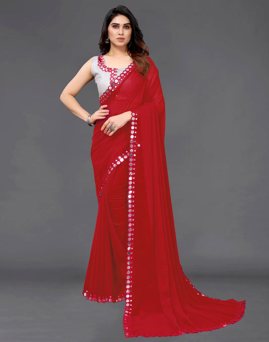 Red Georgette Mirror Work Saree | Sudathi