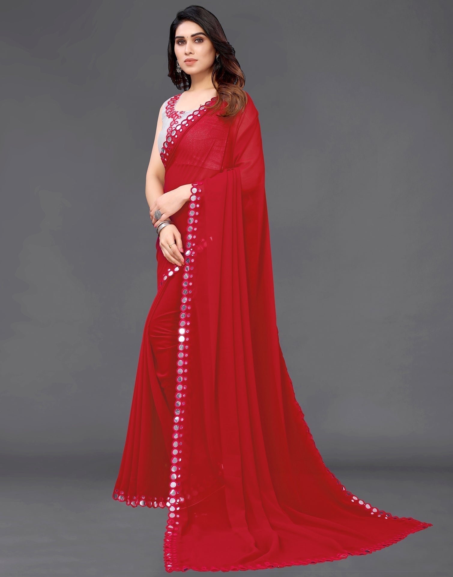 Red Georgette Mirror Work Saree | Sudathi
