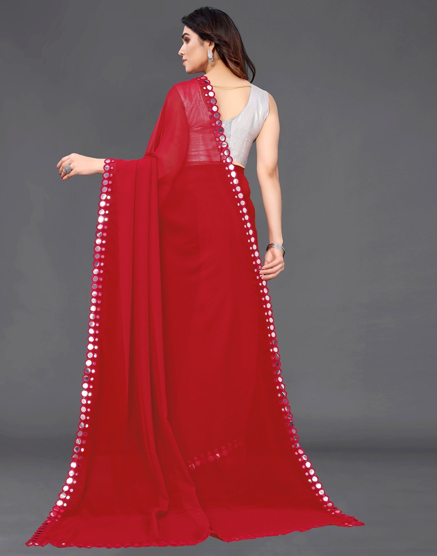 Red Georgette Mirror Work Saree | Sudathi