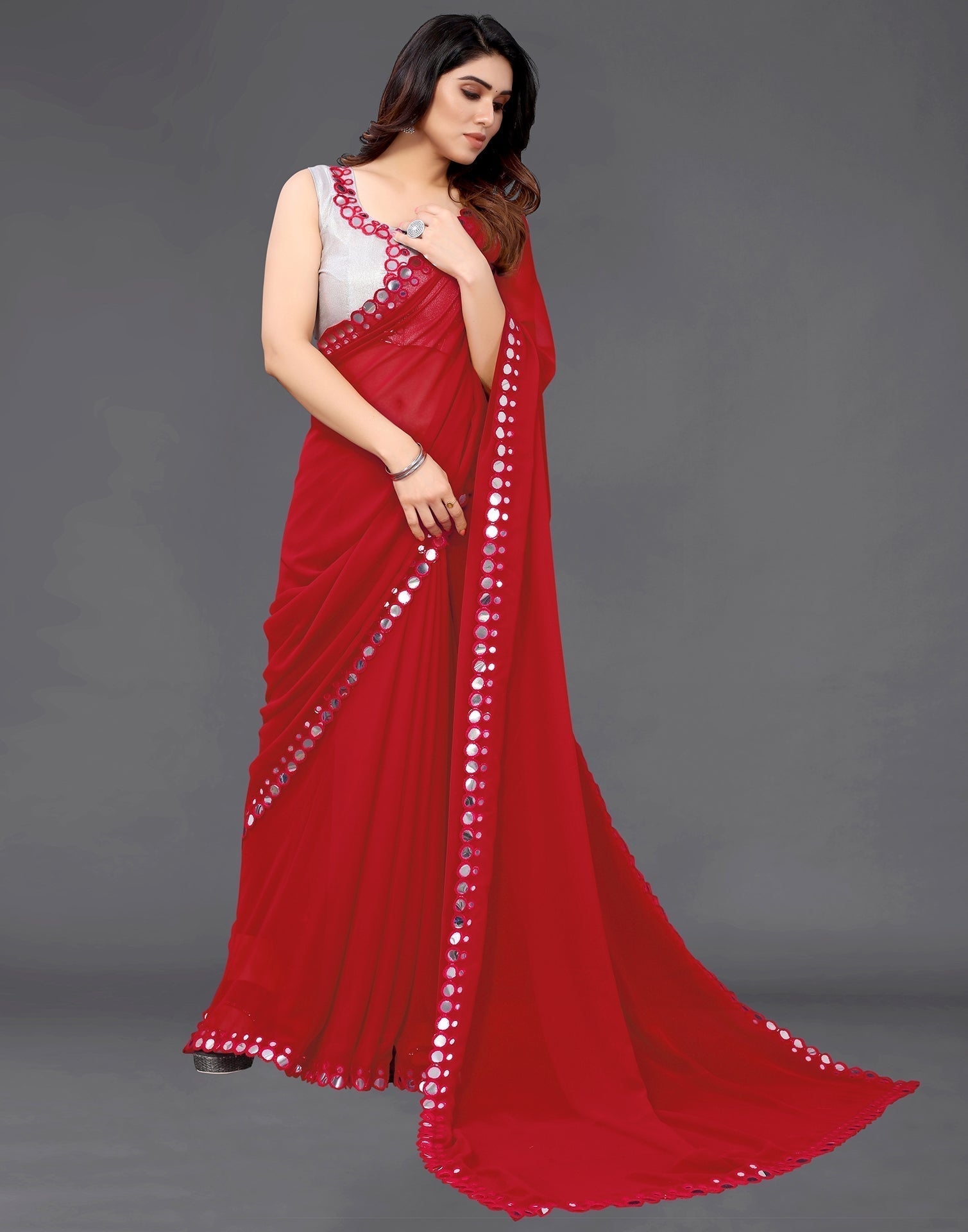 Red Georgette Mirror Work Saree | Sudathi