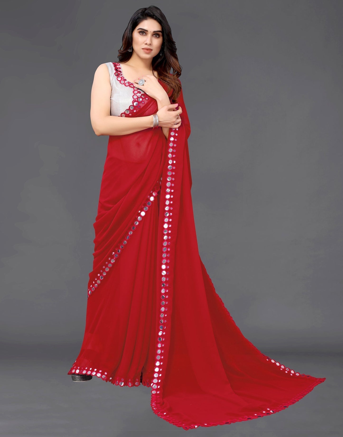 Red Georgette Mirror Work Saree | Sudathi