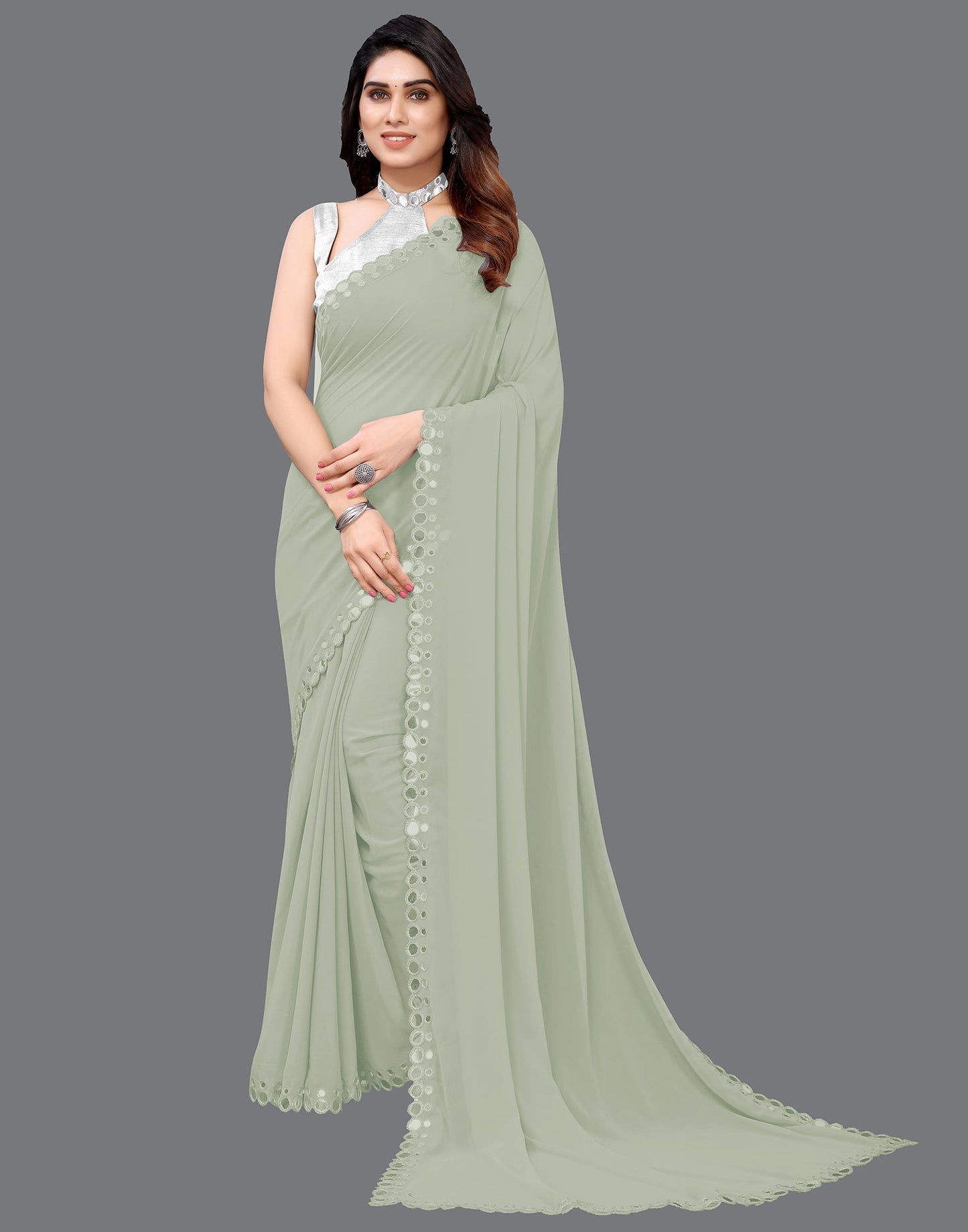 Stone Grey Georgette Mirror Work Saree | Sudathi