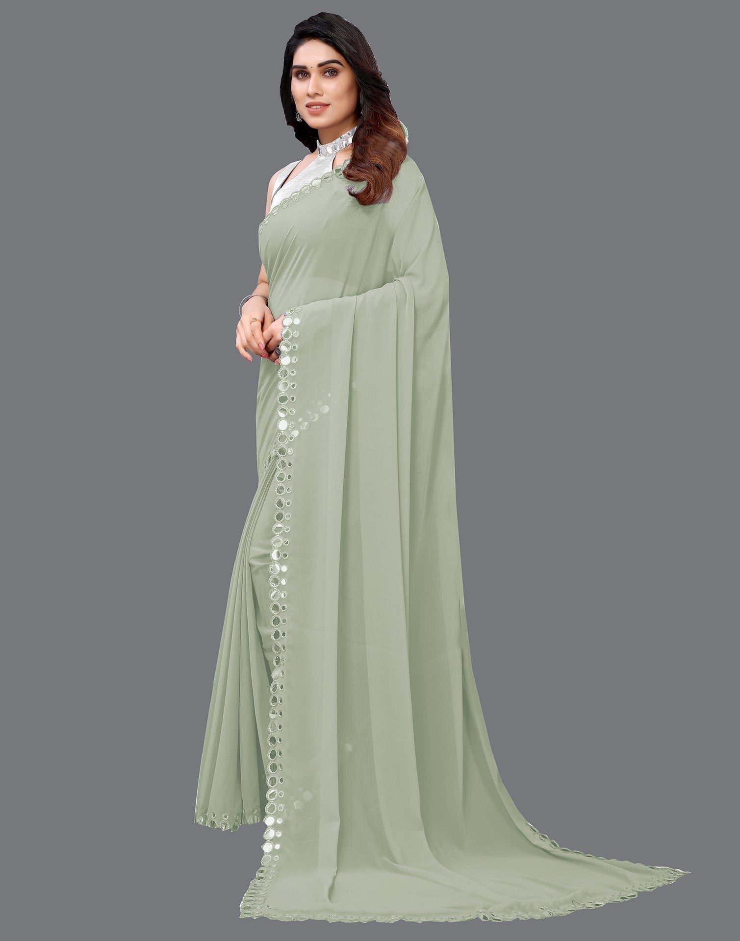 Stone Grey Georgette Mirror Work Saree | Sudathi