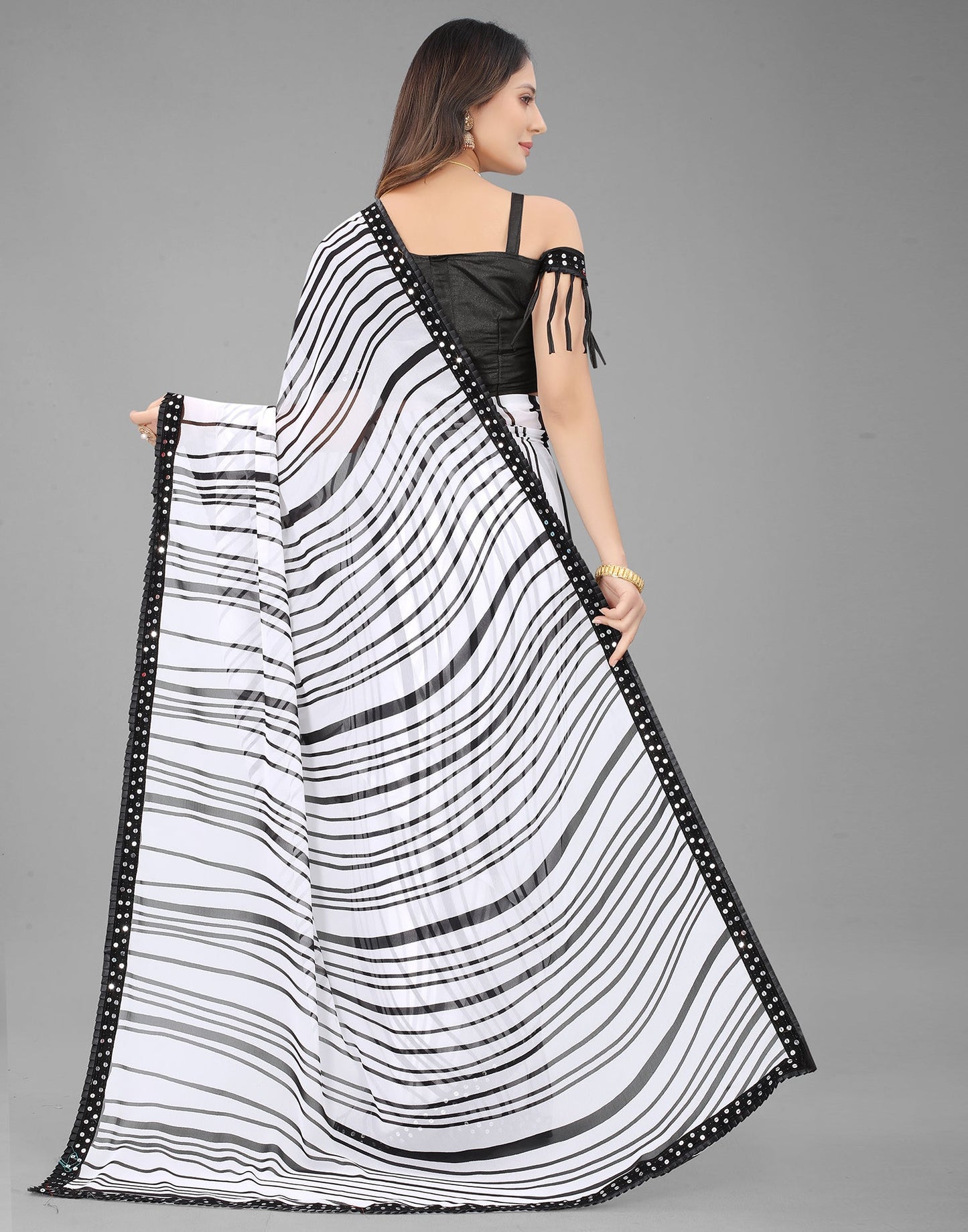 White Georgette Printed Saree