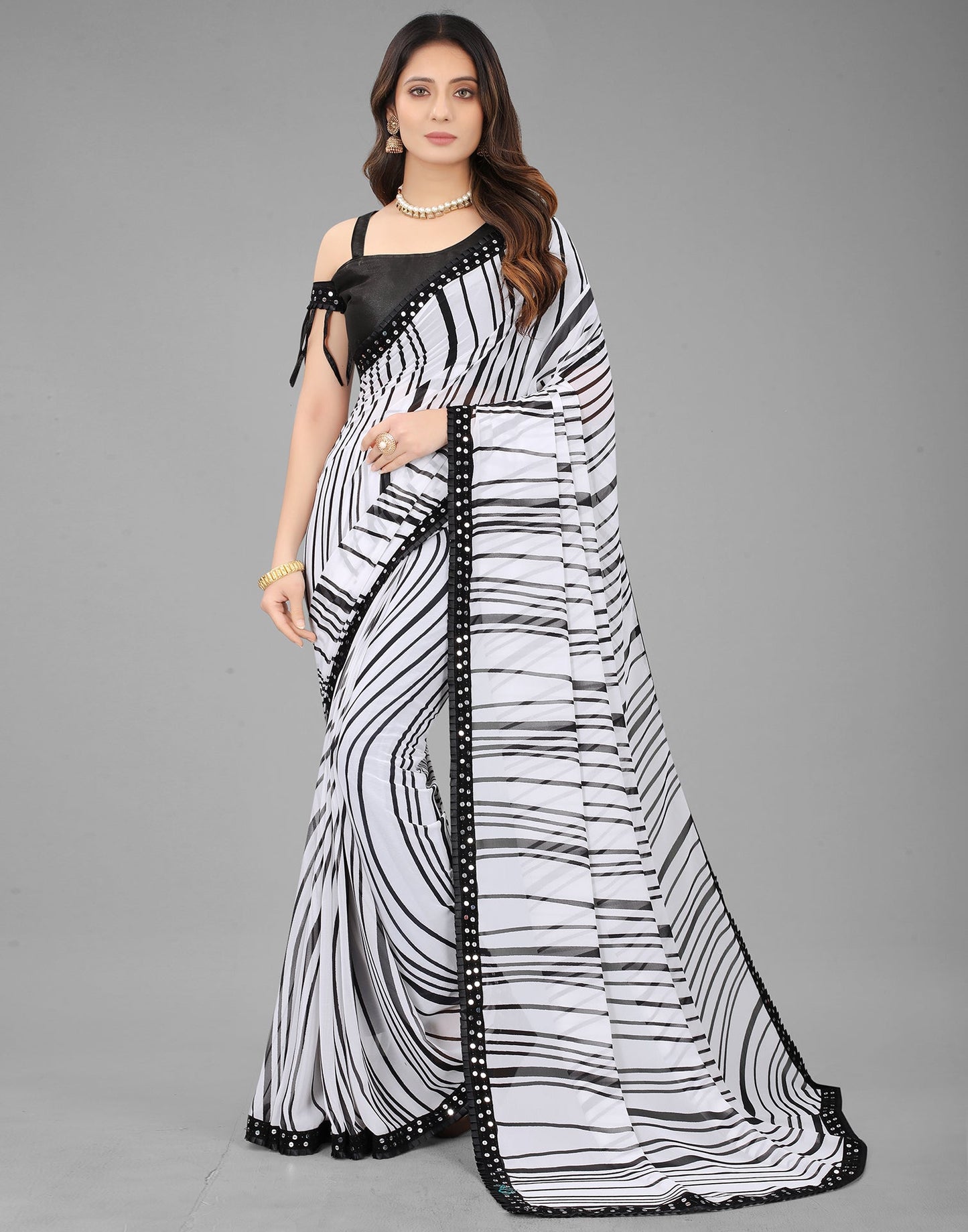 White Georgette Printed Saree