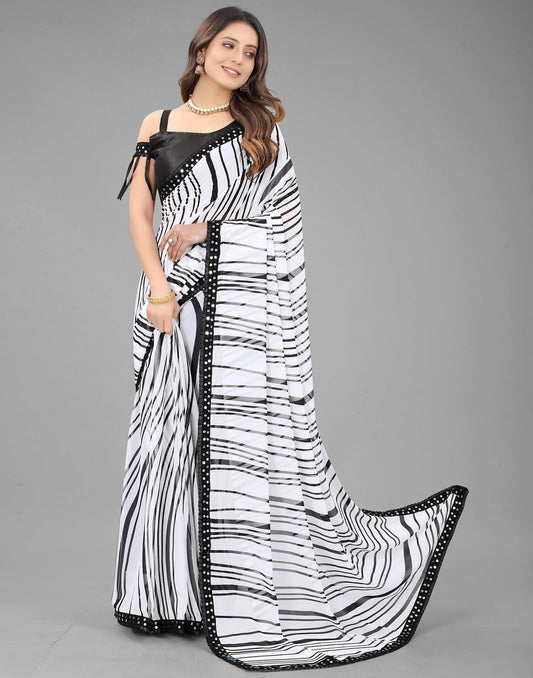 White Georgette Printed Saree