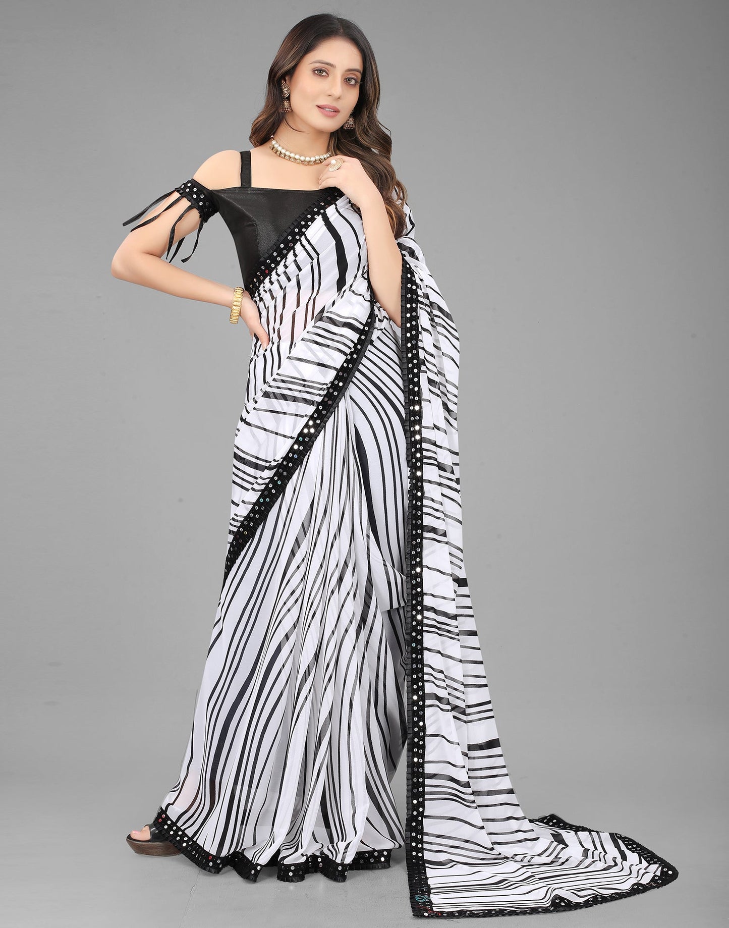 White Georgette Printed Saree