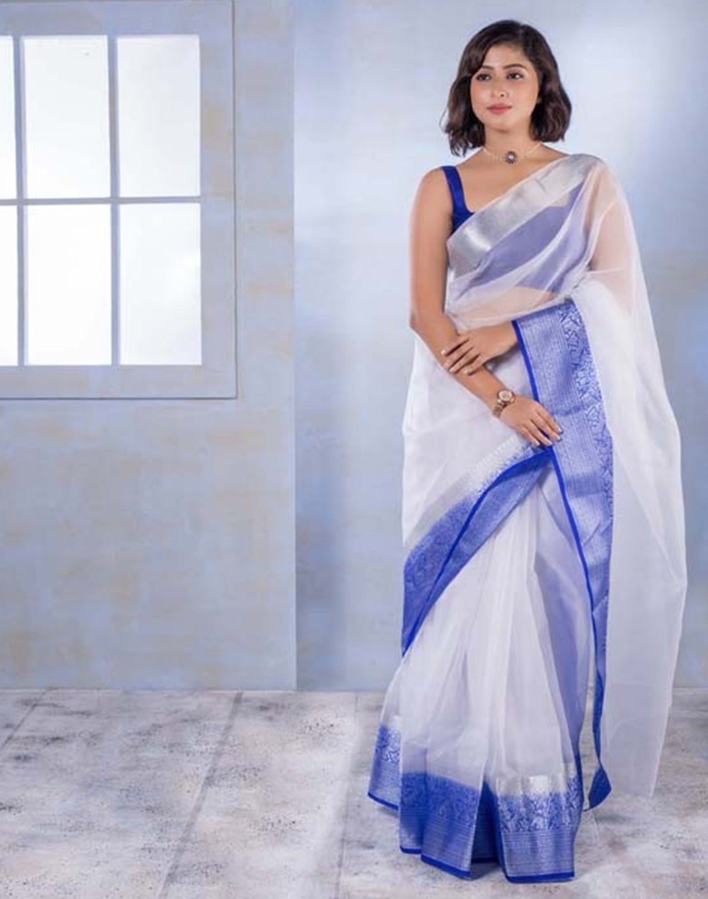 White Organza Plain Saree | Sudathi