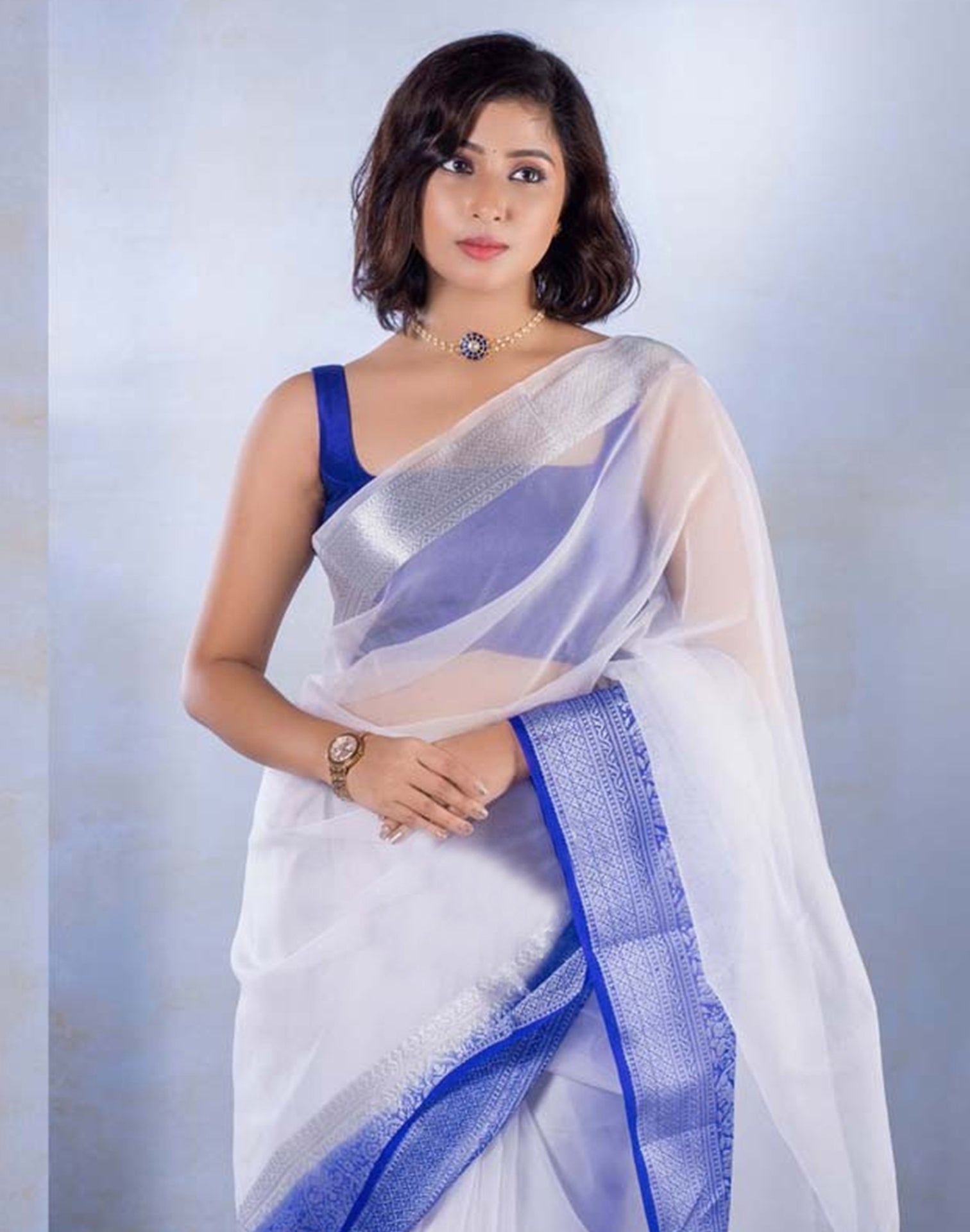 White Organza Plain Saree | Sudathi