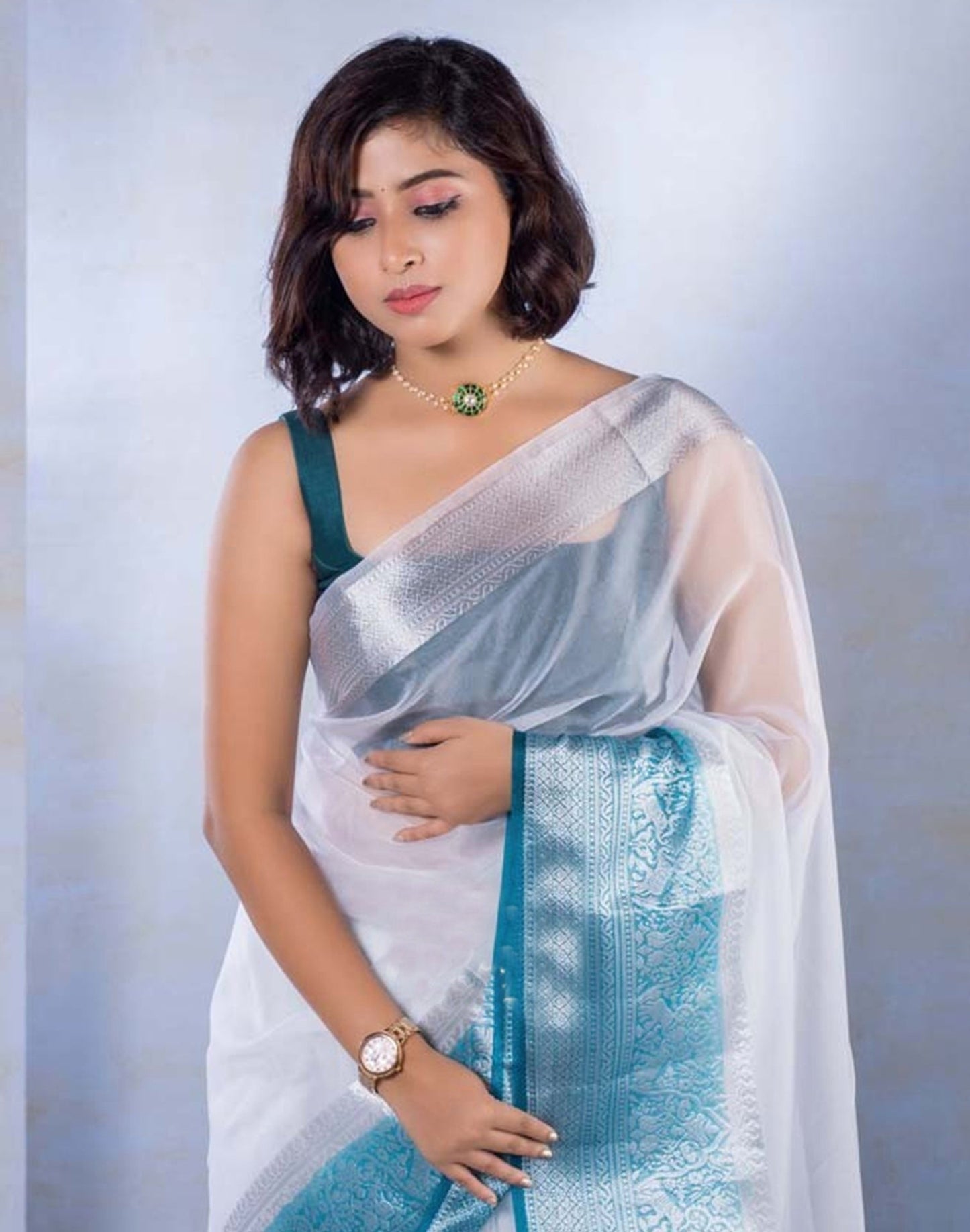 White Organza Plain Saree | Sudathi