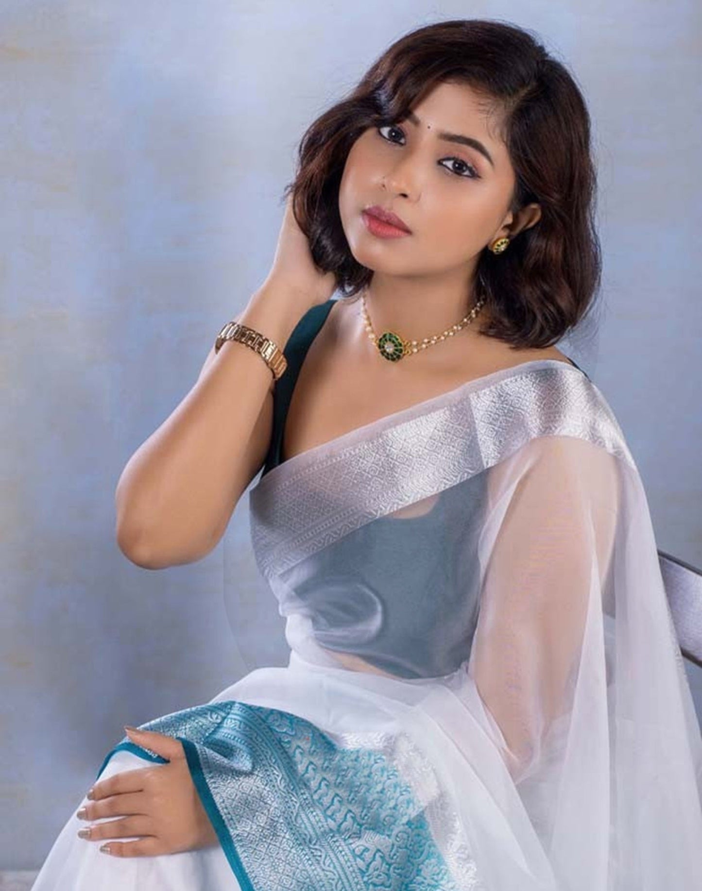 White Organza Plain Saree | Sudathi