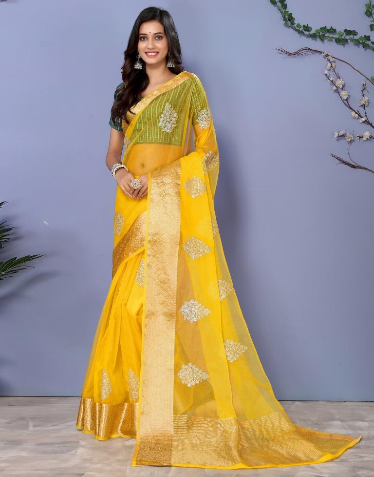 Yellow Organza Embroidery Saree | Leemboodi