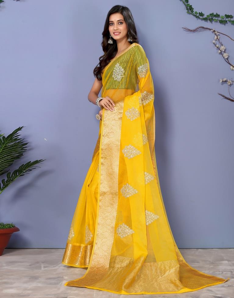 Yellow Organza Embroidery Saree | Leemboodi