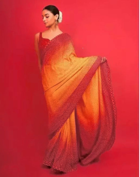 Yellow And Red Satin Silk Bandhani Printed Saree | Leemboodi