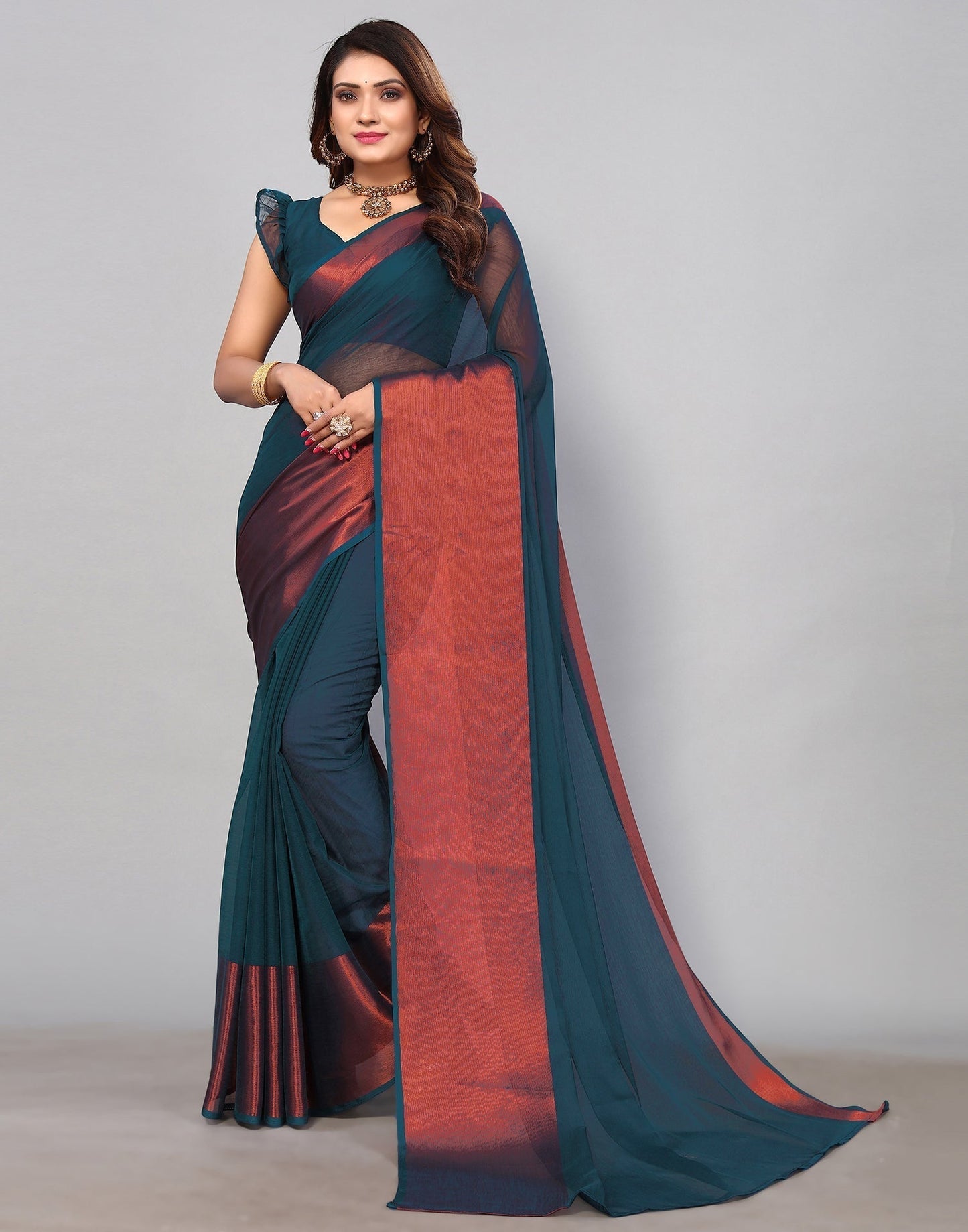 Teal Blue Chiffon Plain Saree | Sudathi