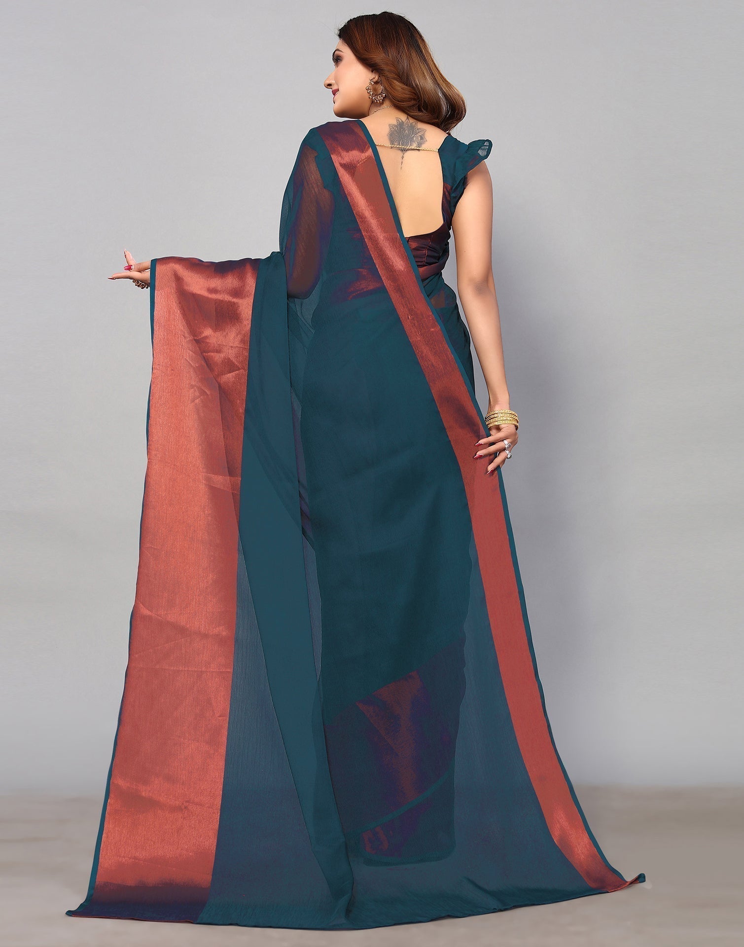 Teal Blue Chiffon Plain Saree | Sudathi