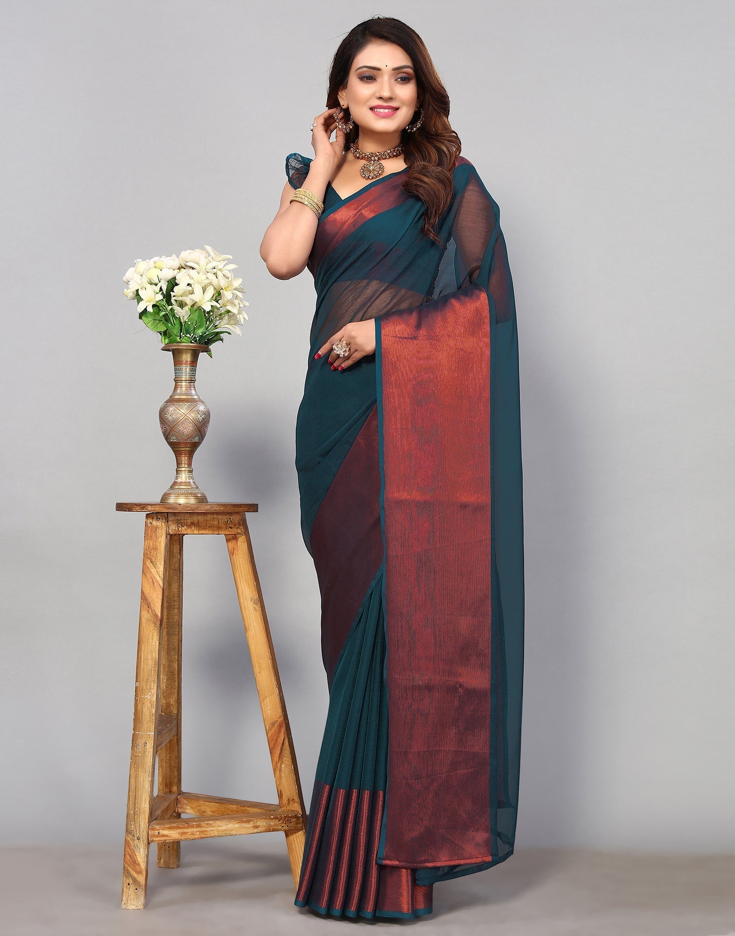 Teal Blue Chiffon Plain Saree | Sudathi