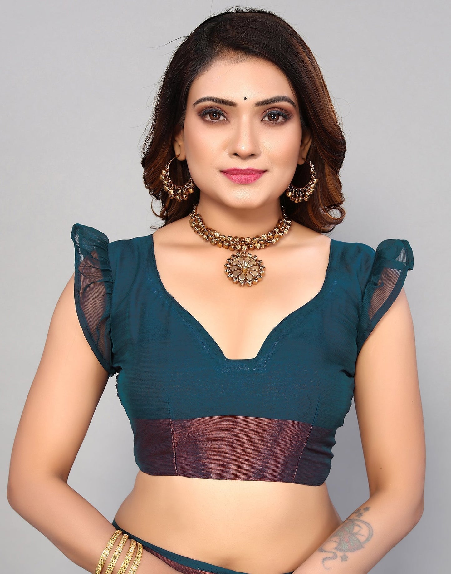 Teal Blue Chiffon Plain Saree | Sudathi