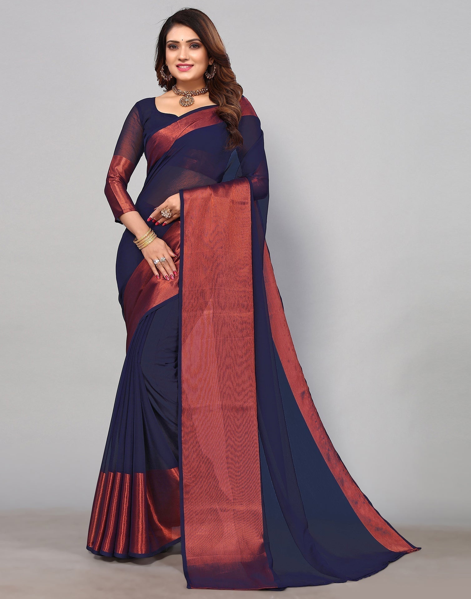 Dark Blue Chiffon Plain Saree | Sudathi