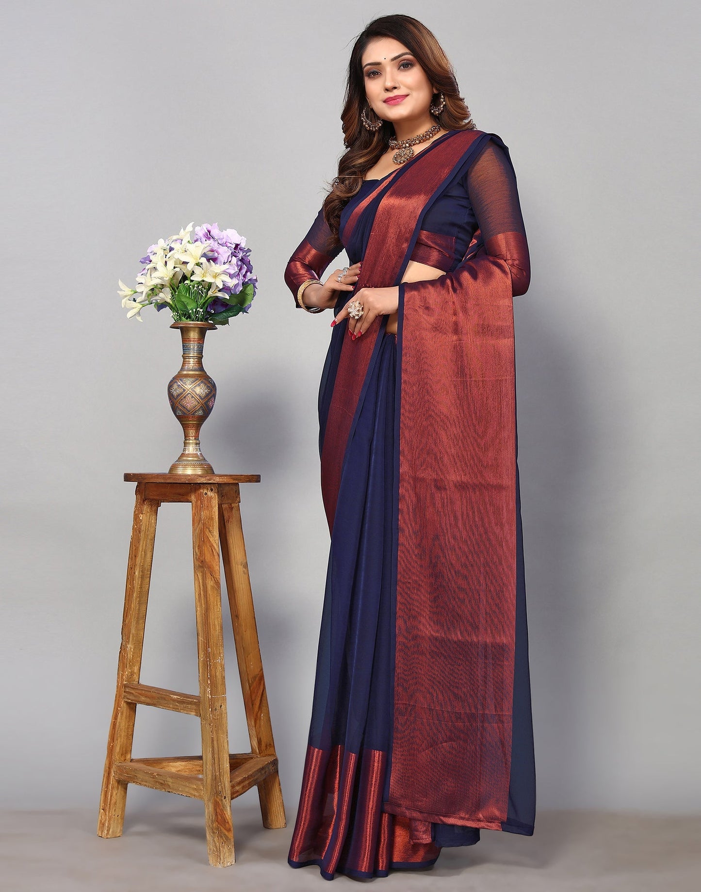 Dark Blue Chiffon Plain Saree | Sudathi