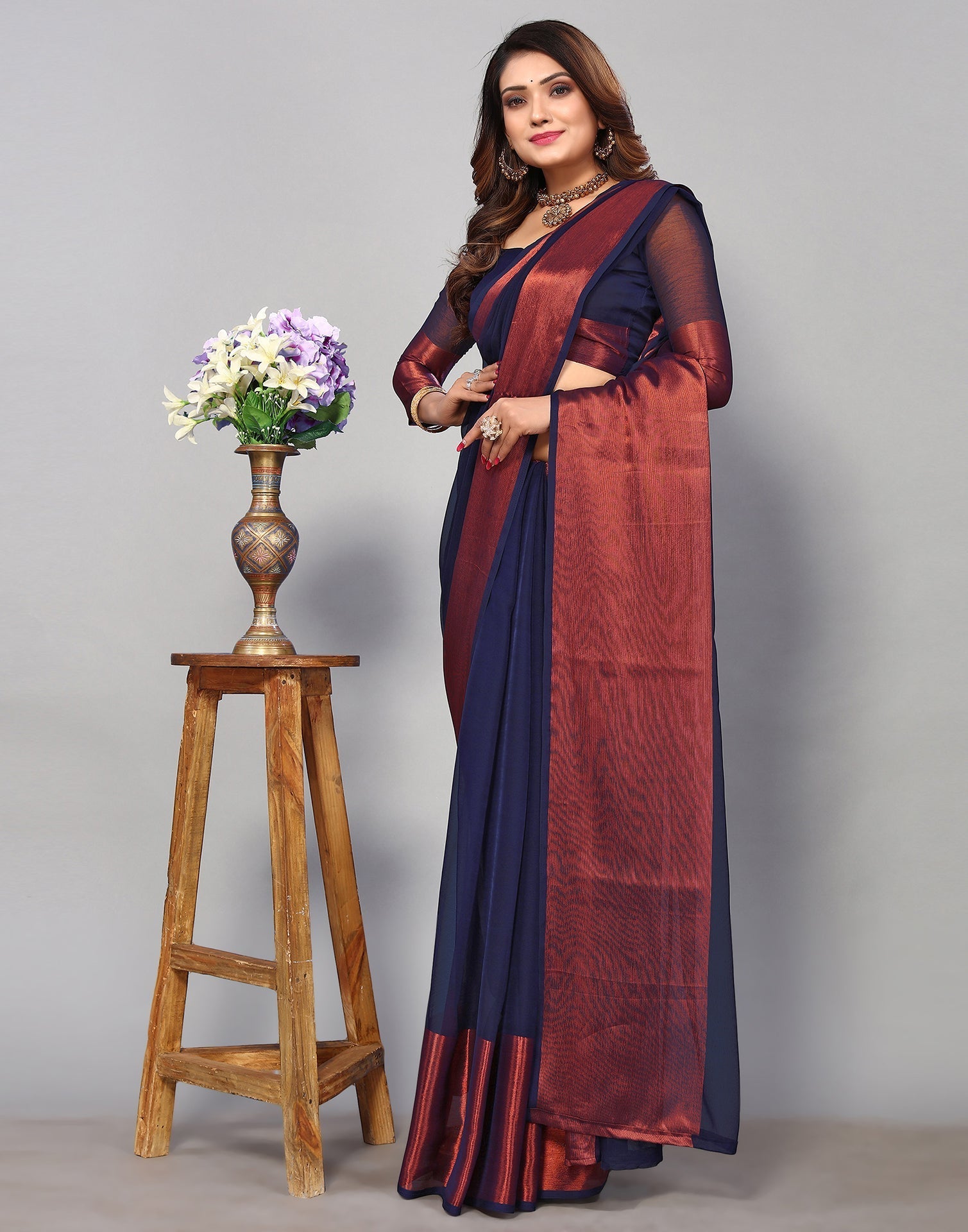 Dark Blue Chiffon Plain Saree | Sudathi