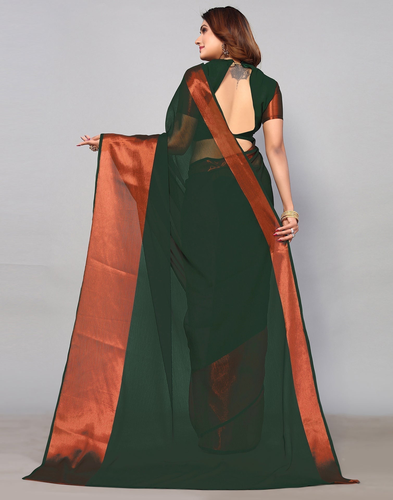 Dark Green Chiffon Plain Saree | Sudathi