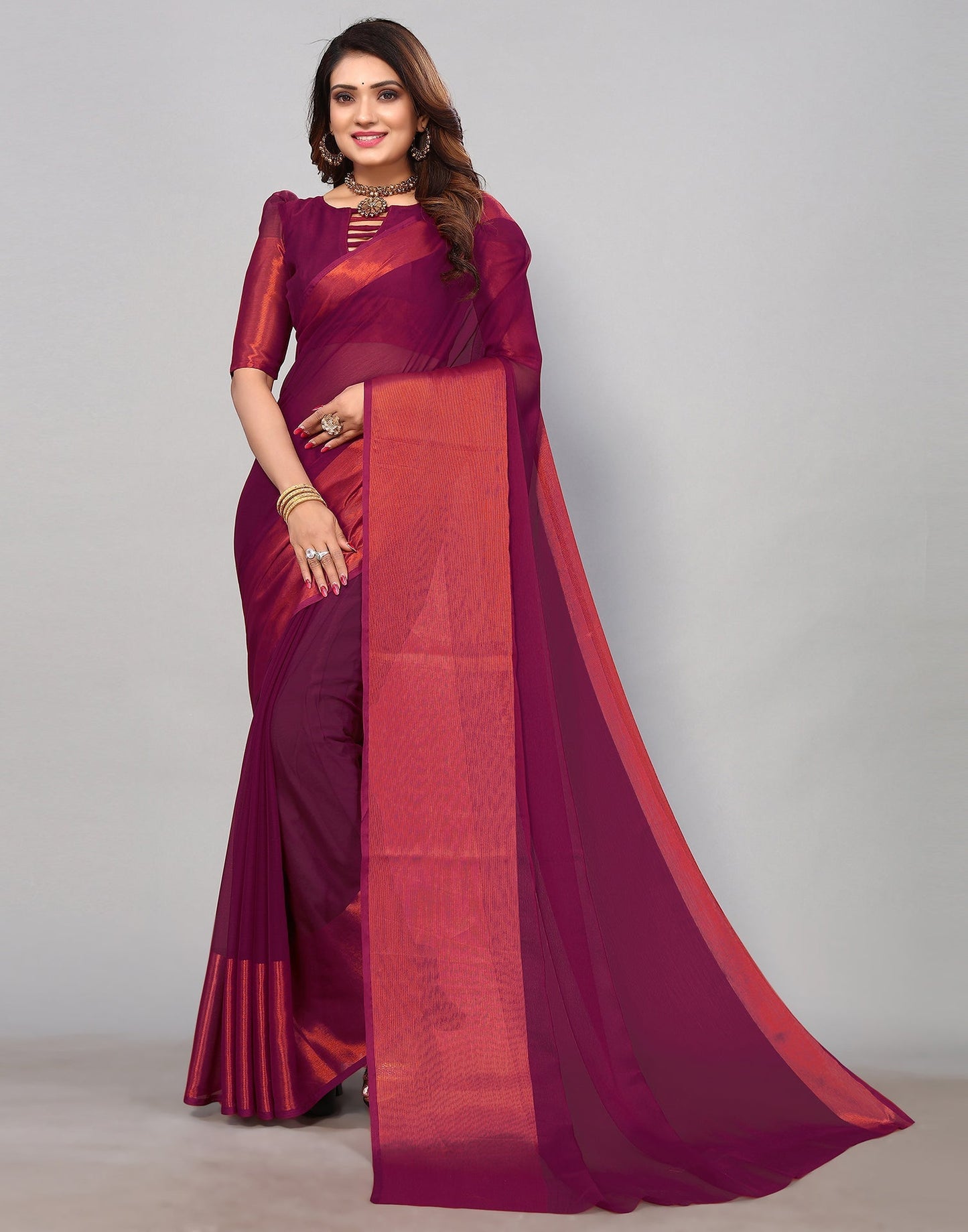 Magenta And Rani Pink Chiffon Plain Saree | Sudathi
