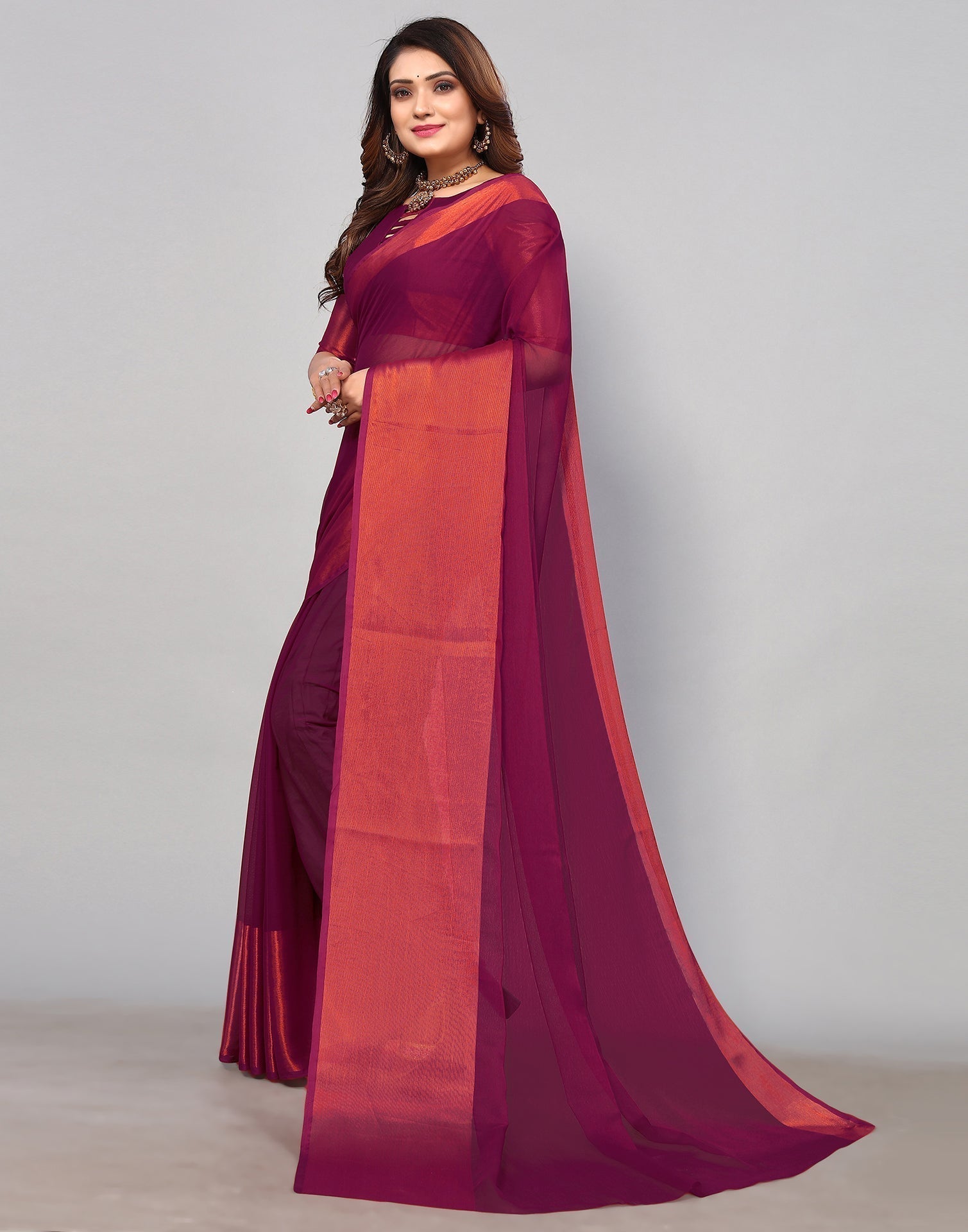 Magenta And Rani Pink Chiffon Plain Saree | Sudathi