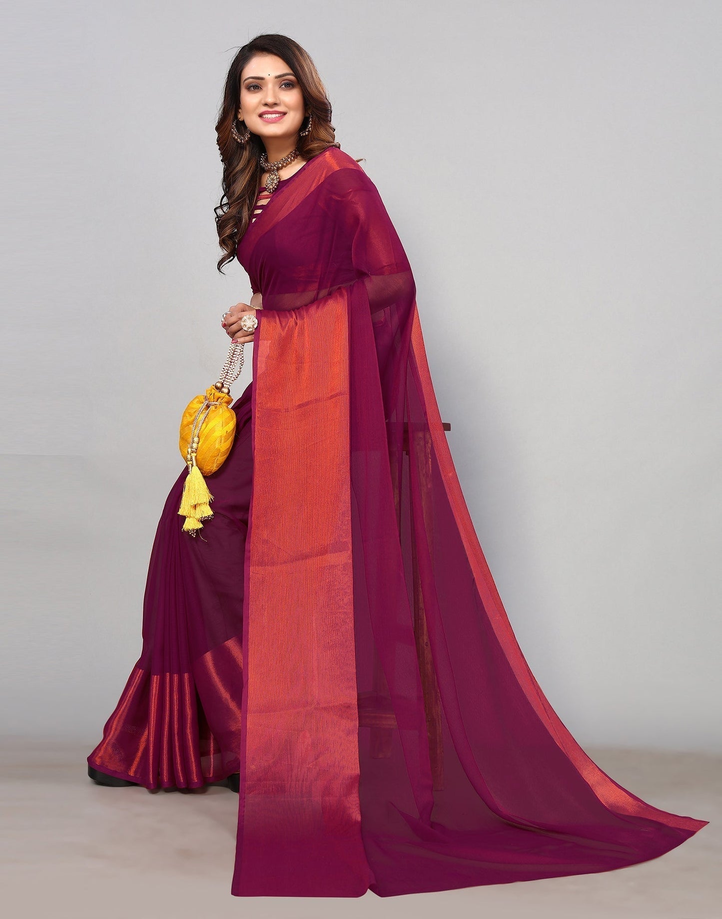 Magenta And Rani Pink Chiffon Plain Saree | Sudathi