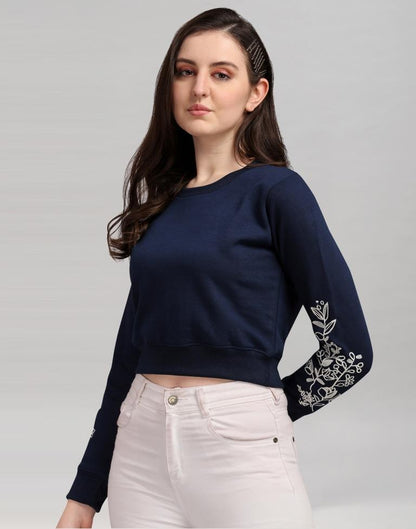 Navy Blue Coloured Cotton Fleece Blend Embroidered Sweatshirt | Sudathi