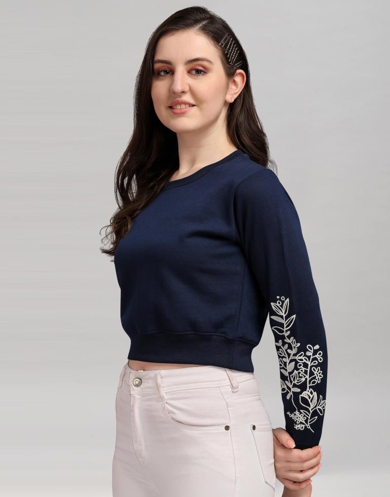 Navy Blue Coloured Cotton Fleece Blend Embroidered Sweatshirt | Sudathi