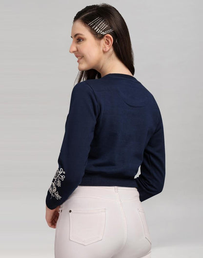 Navy Blue Coloured Cotton Fleece Blend Embroidered Sweatshirt | Sudathi