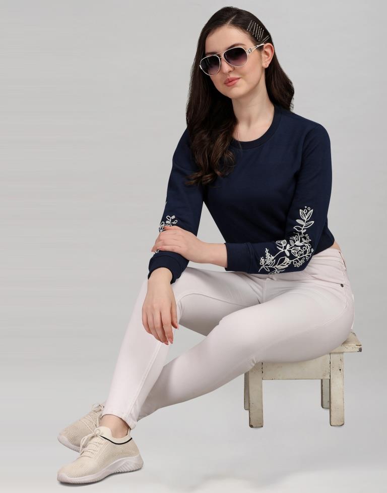 Navy Blue Coloured Cotton Fleece Blend Embroidered Sweatshirt | Sudathi