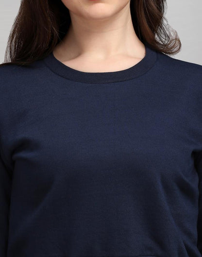 Navy Blue Coloured Cotton Fleece Blend Embroidered Sweatshirt | Sudathi