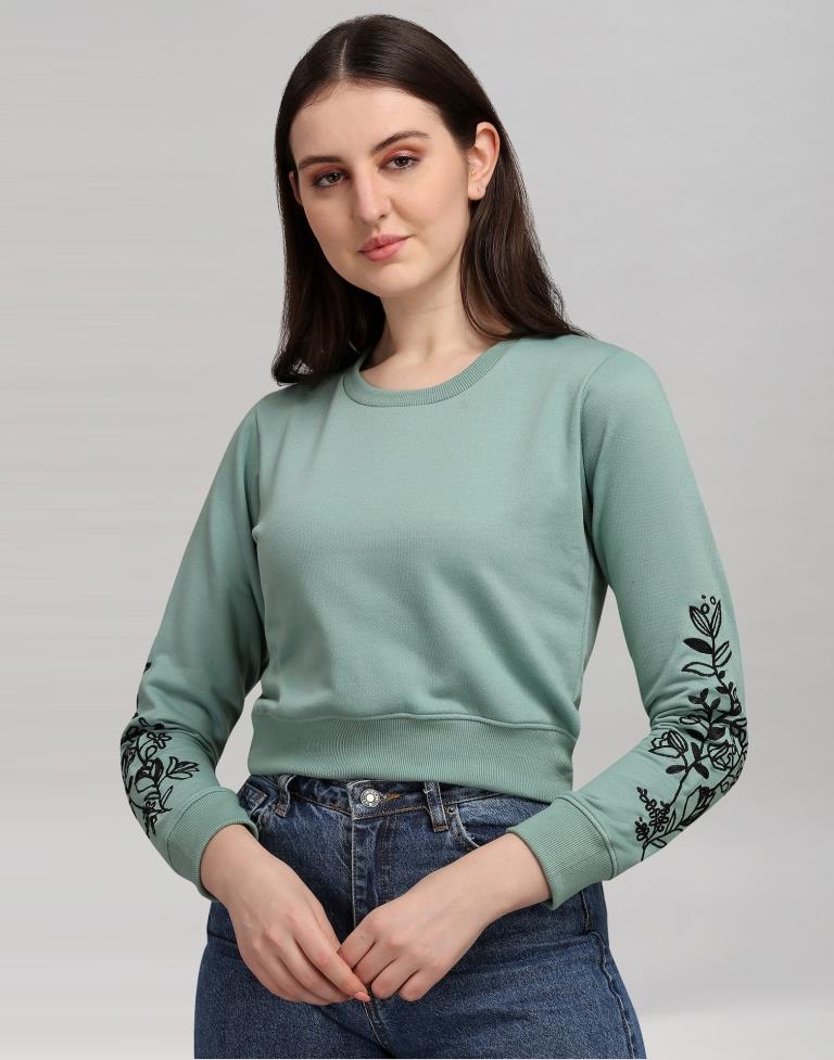 Dusty Green Coloured Cotton Fleece Blend Embroidered Sweatshirt | Leemboodi