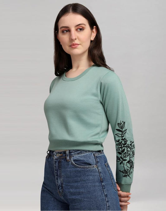Dusty Green Coloured Cotton Fleece Blend Embroidered Sweatshirt | Leemboodi
